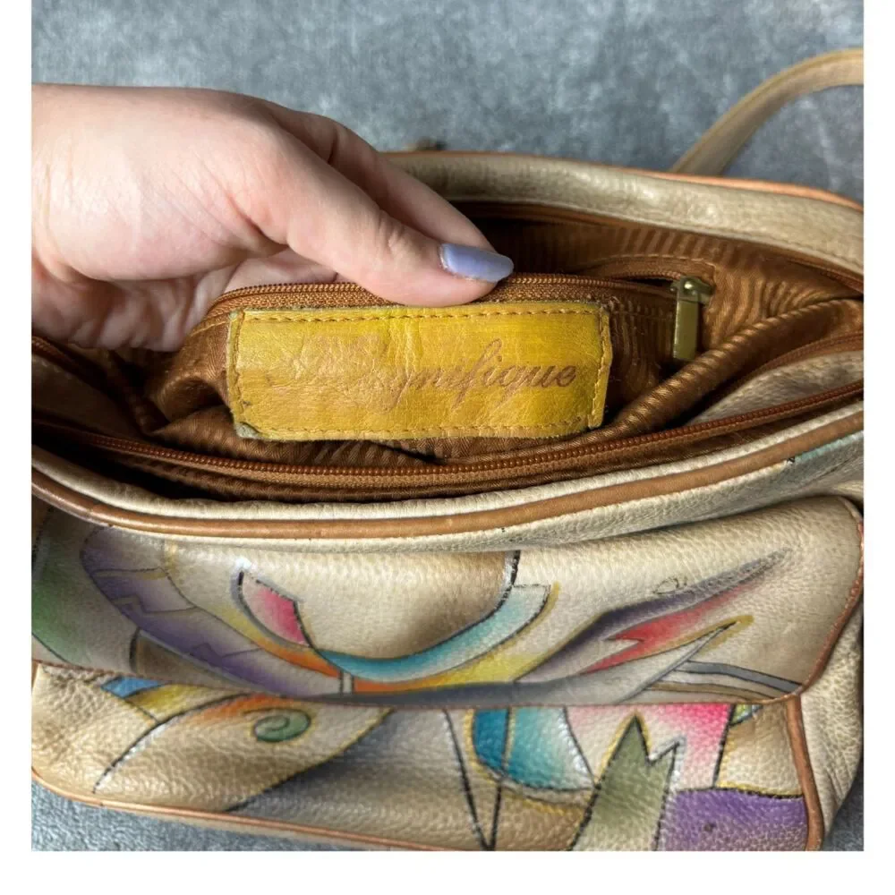 Magnifique Abstract Hand Painted Leather Crossbody Bag Beige Vintage Purse